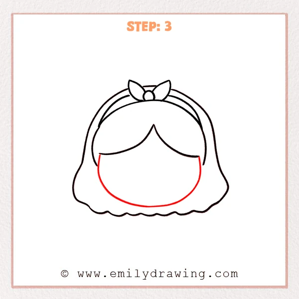 how to draw a girl face - Step 3 of how to draw a girl face adds a rounded cheek-to-chin outline beneath the bangs, defining the face shape.